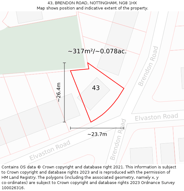 43, BRENDON ROAD, NOTTINGHAM, NG8 1HX: Plot and title map