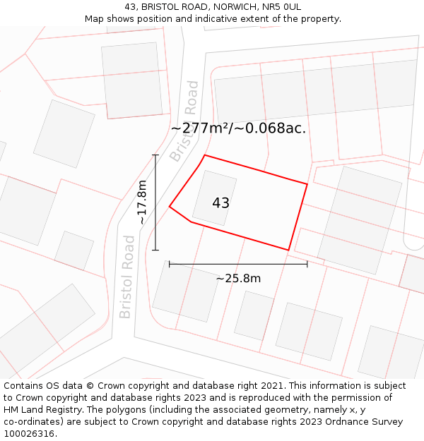 43, BRISTOL ROAD, NORWICH, NR5 0UL: Plot and title map