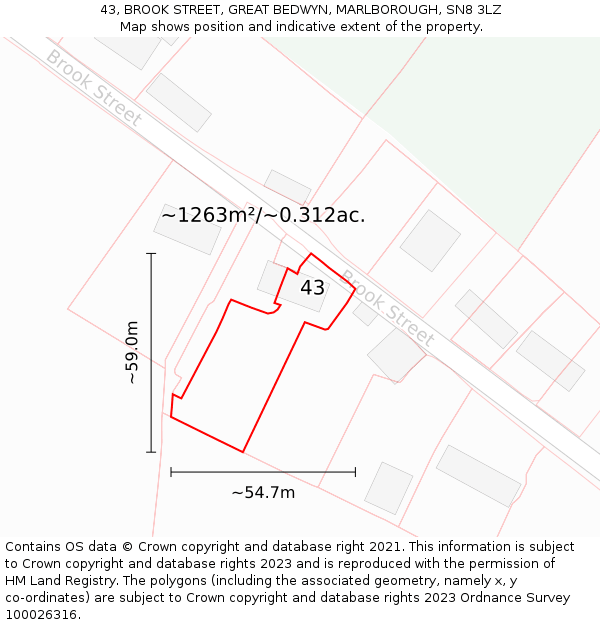 43, BROOK STREET, GREAT BEDWYN, MARLBOROUGH, SN8 3LZ: Plot and title map