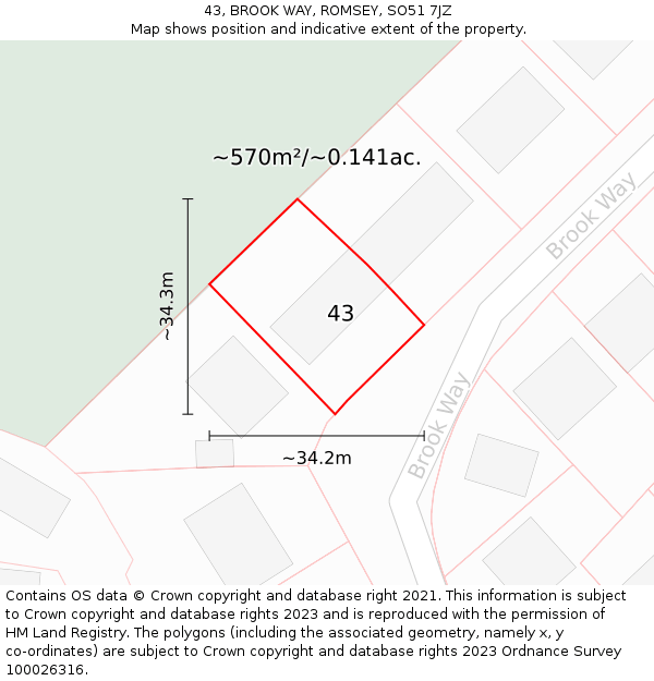 43, BROOK WAY, ROMSEY, SO51 7JZ: Plot and title map