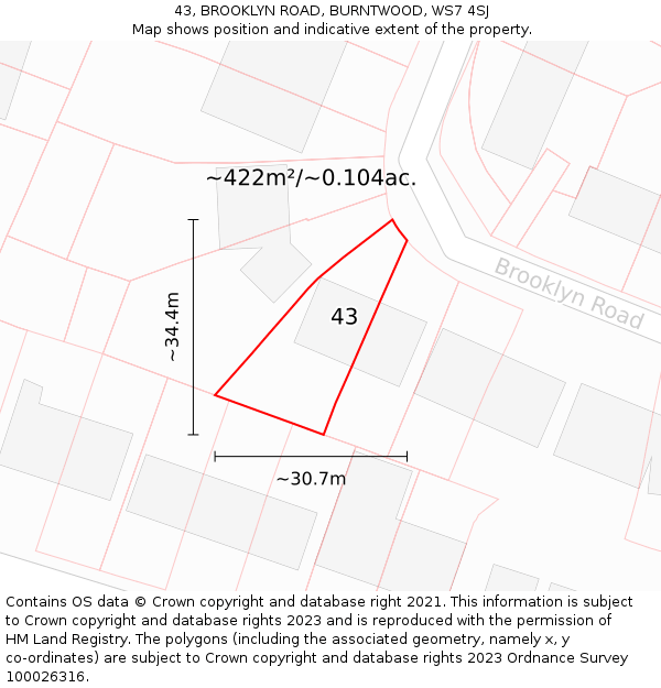 43, BROOKLYN ROAD, BURNTWOOD, WS7 4SJ: Plot and title map