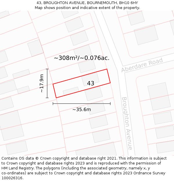 43, BROUGHTON AVENUE, BOURNEMOUTH, BH10 6HY: Plot and title map