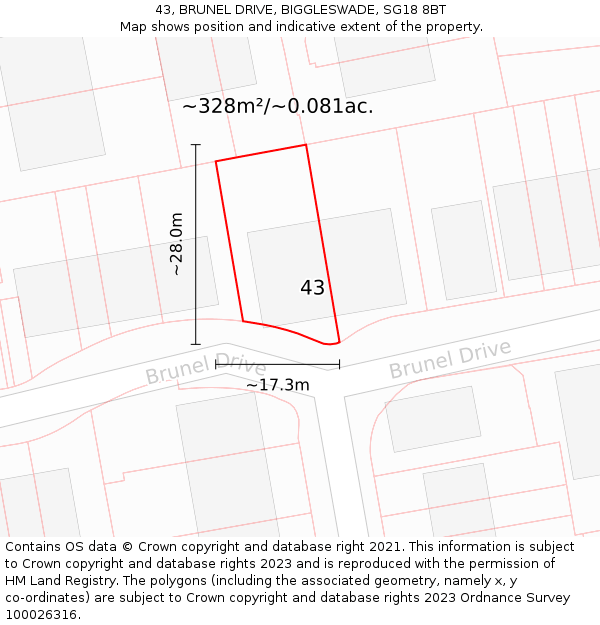 43, BRUNEL DRIVE, BIGGLESWADE, SG18 8BT: Plot and title map