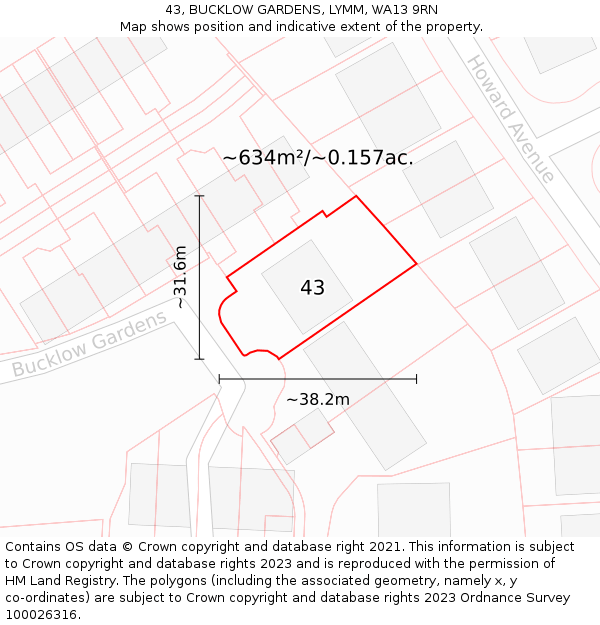 43, BUCKLOW GARDENS, LYMM, WA13 9RN: Plot and title map