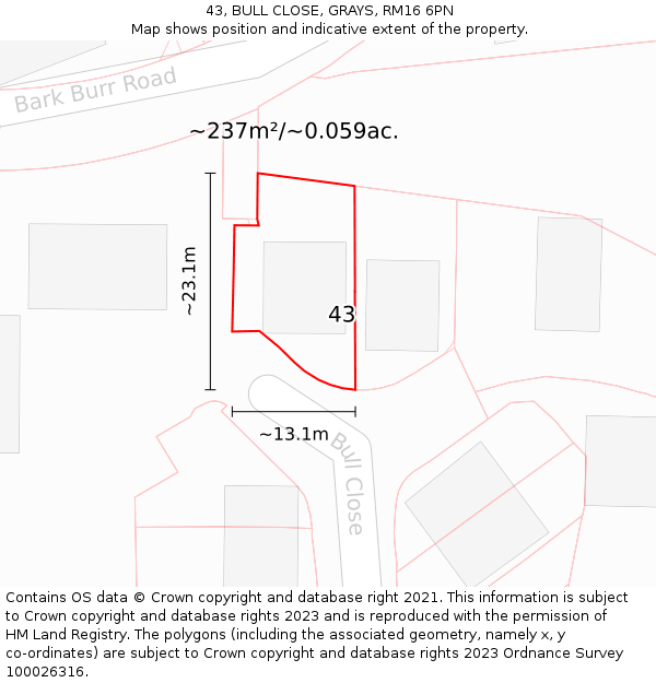 43, BULL CLOSE, GRAYS, RM16 6PN: Plot and title map