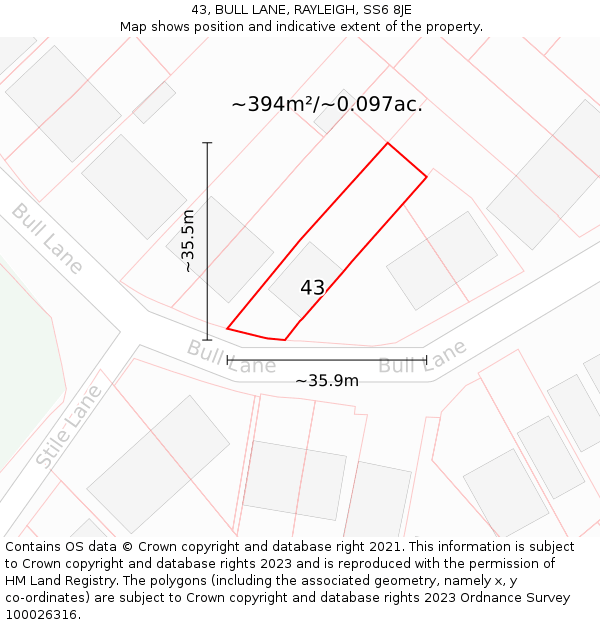 43, BULL LANE, RAYLEIGH, SS6 8JE: Plot and title map