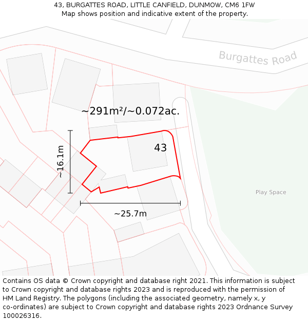 43, BURGATTES ROAD, LITTLE CANFIELD, DUNMOW, CM6 1FW: Plot and title map