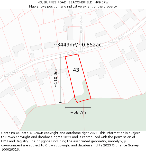 43, BURKES ROAD, BEACONSFIELD, HP9 1PW: Plot and title map