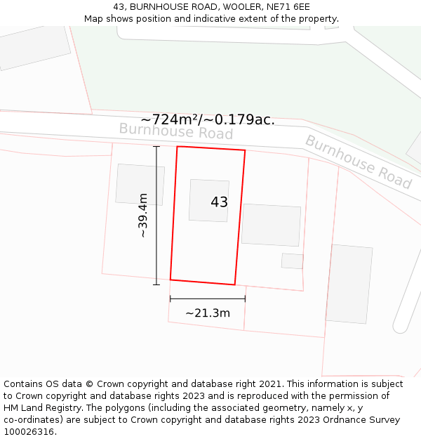 43, BURNHOUSE ROAD, WOOLER, NE71 6EE: Plot and title map