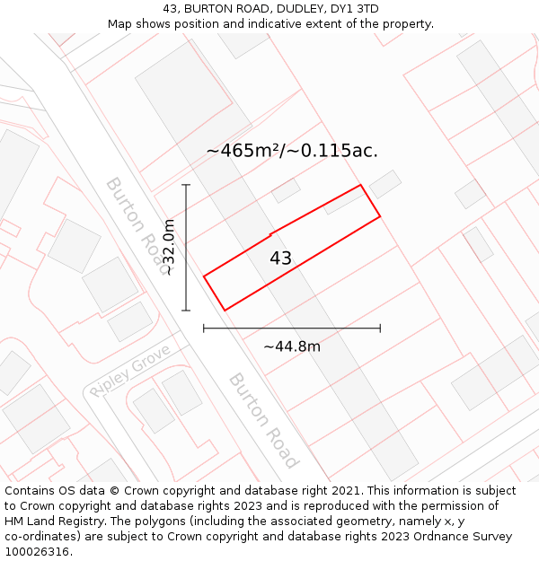 43, BURTON ROAD, DUDLEY, DY1 3TD: Plot and title map
