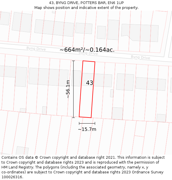 43, BYNG DRIVE, POTTERS BAR, EN6 1UP: Plot and title map