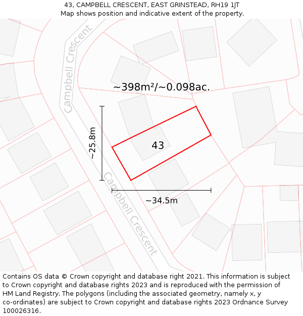 43, CAMPBELL CRESCENT, EAST GRINSTEAD, RH19 1JT: Plot and title map