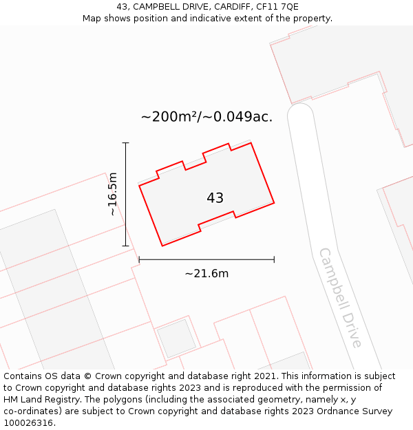 43, CAMPBELL DRIVE, CARDIFF, CF11 7QE: Plot and title map