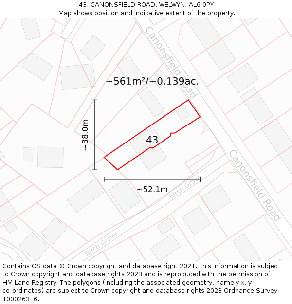 43, CANONSFIELD ROAD, WELWYN, AL6 0PY: Plot and title map