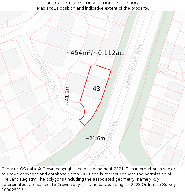 43, CAPESTHORNE DRIVE, CHORLEY, PR7 3QQ: Plot and title map