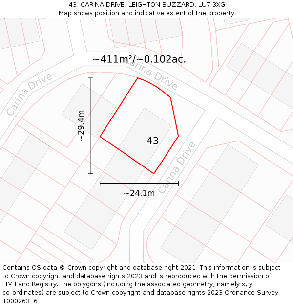 43, CARINA DRIVE, LEIGHTON BUZZARD, LU7 3XG: Plot and title map