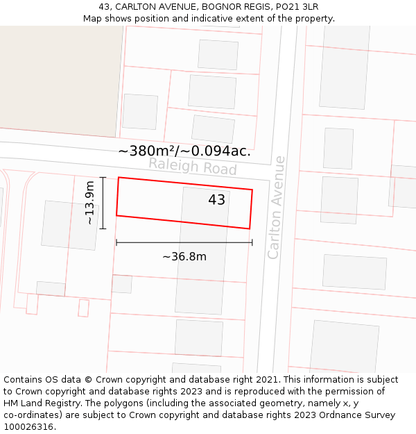 43, CARLTON AVENUE, BOGNOR REGIS, PO21 3LR: Plot and title map