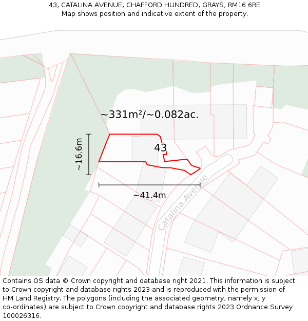 43, CATALINA AVENUE, CHAFFORD HUNDRED, GRAYS, RM16 6RE: Plot and title map