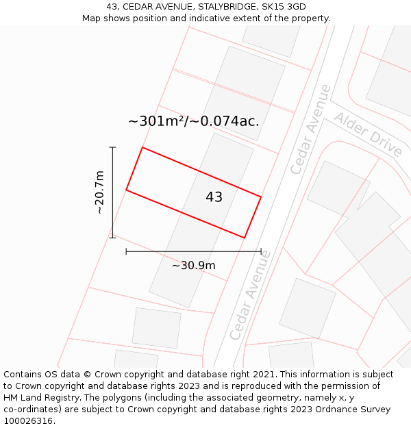 43, CEDAR AVENUE, STALYBRIDGE, SK15 3GD: Plot and title map