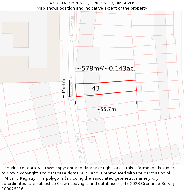 43, CEDAR AVENUE, UPMINSTER, RM14 2LN: Plot and title map