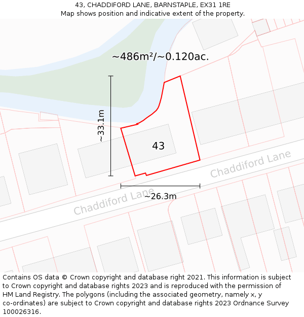 43, CHADDIFORD LANE, BARNSTAPLE, EX31 1RE: Plot and title map