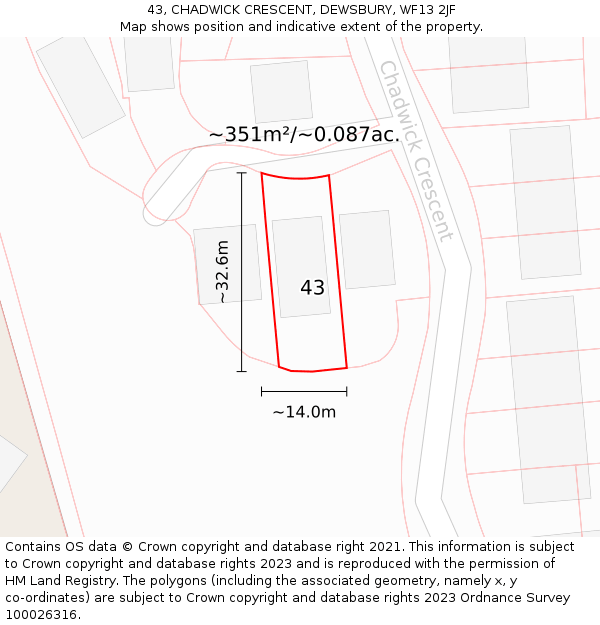 43, CHADWICK CRESCENT, DEWSBURY, WF13 2JF: Plot and title map