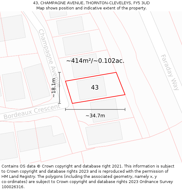 43, CHAMPAGNE AVENUE, THORNTON-CLEVELEYS, FY5 3UD: Plot and title map