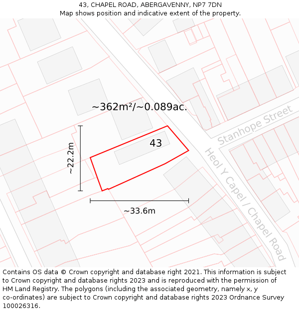 43, CHAPEL ROAD, ABERGAVENNY, NP7 7DN: Plot and title map