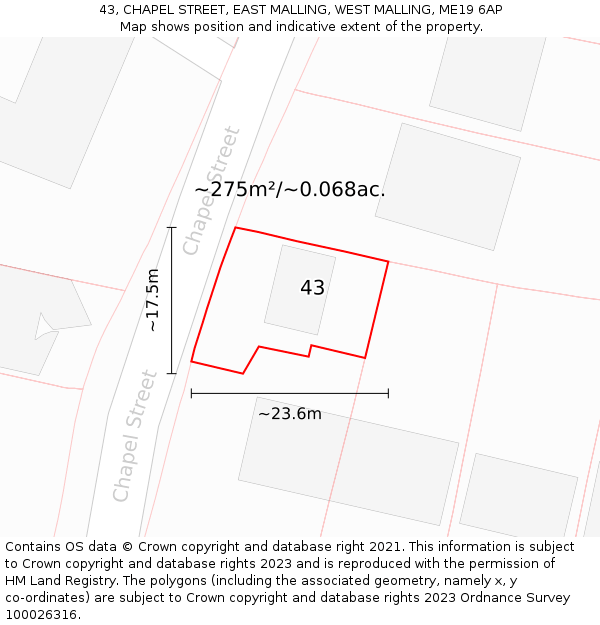 43, CHAPEL STREET, EAST MALLING, WEST MALLING, ME19 6AP: Plot and title map