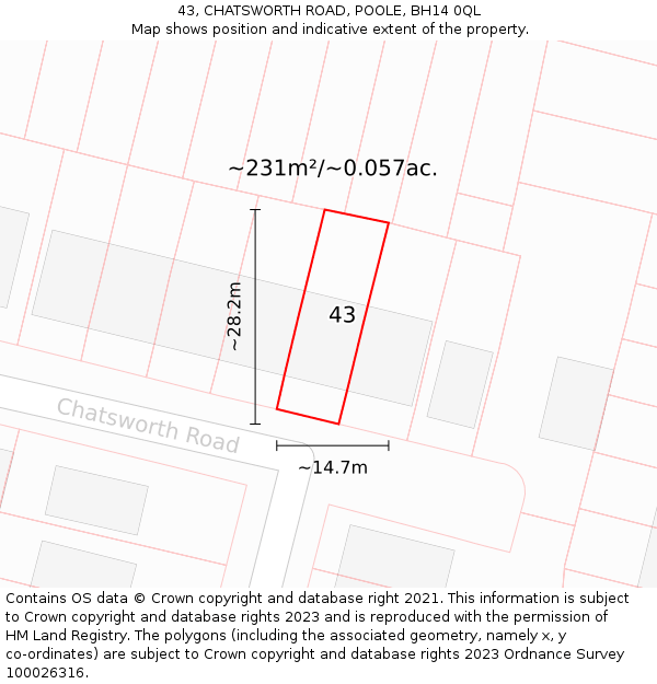 43, CHATSWORTH ROAD, POOLE, BH14 0QL: Plot and title map