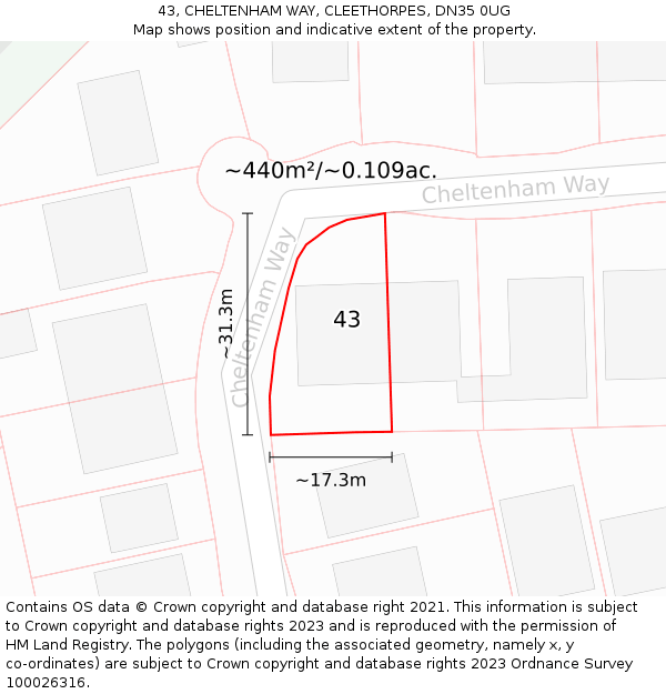 43, CHELTENHAM WAY, CLEETHORPES, DN35 0UG: Plot and title map