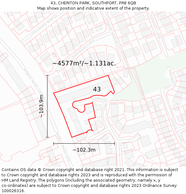 43, CHERITON PARK, SOUTHPORT, PR8 6QB: Plot and title map