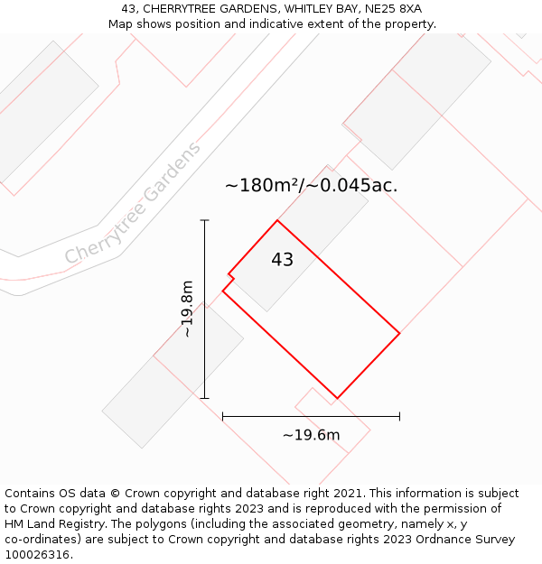 43, CHERRYTREE GARDENS, WHITLEY BAY, NE25 8XA: Plot and title map