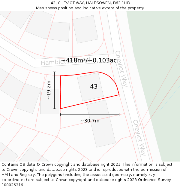 43, CHEVIOT WAY, HALESOWEN, B63 1HD: Plot and title map