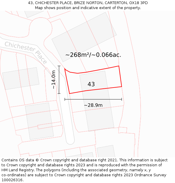 43, CHICHESTER PLACE, BRIZE NORTON, CARTERTON, OX18 3PD: Plot and title map