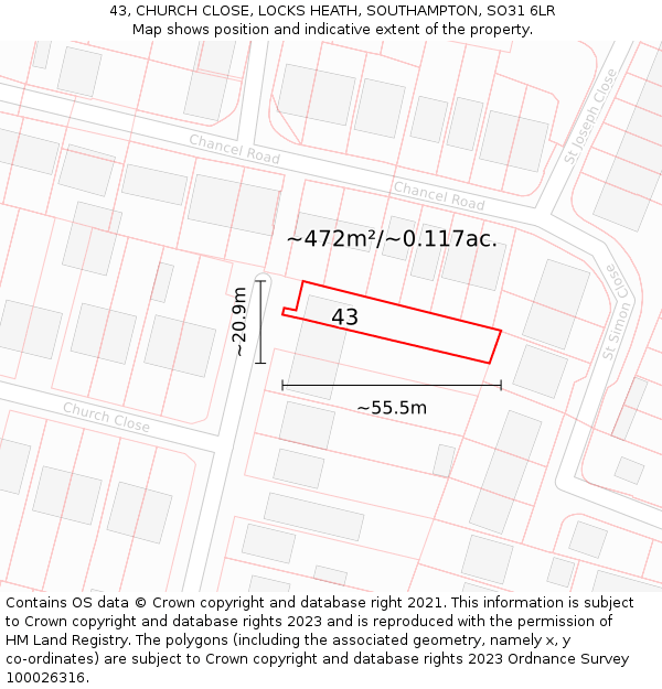 43, CHURCH CLOSE, LOCKS HEATH, SOUTHAMPTON, SO31 6LR: Plot and title map