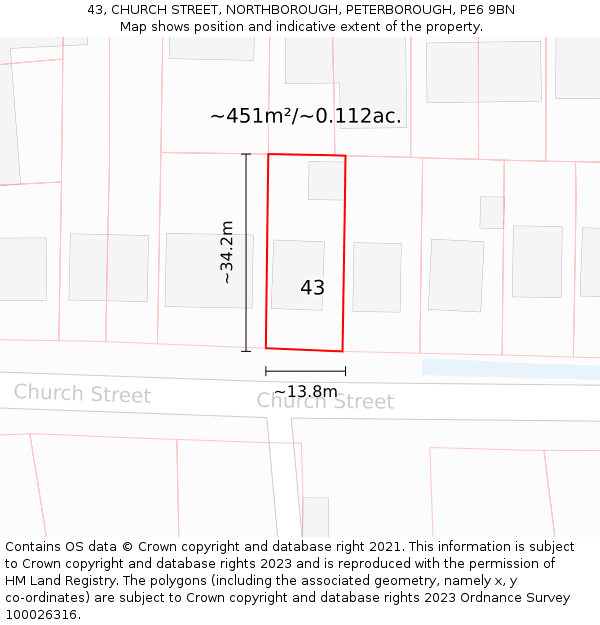 43, CHURCH STREET, NORTHBOROUGH, PETERBOROUGH, PE6 9BN: Plot and title map