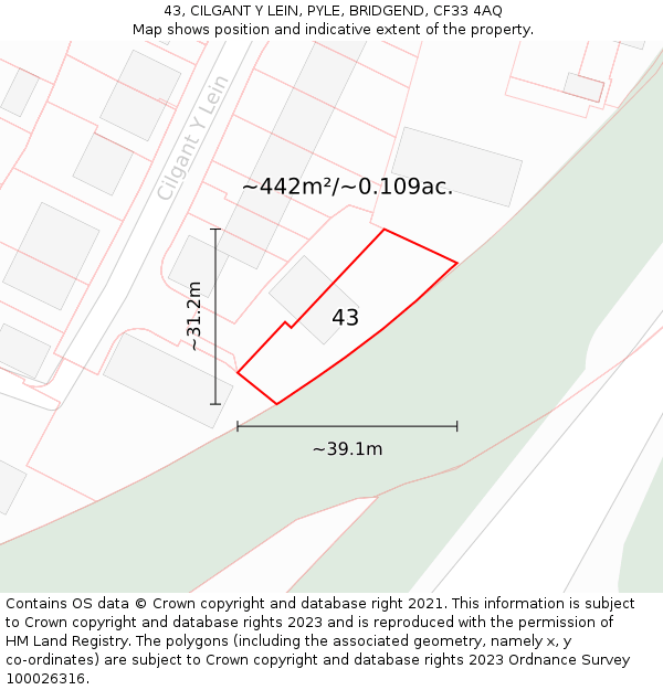 43, CILGANT Y LEIN, PYLE, BRIDGEND, CF33 4AQ: Plot and title map