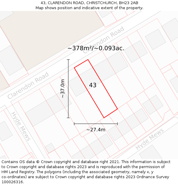 43, CLARENDON ROAD, CHRISTCHURCH, BH23 2AB: Plot and title map