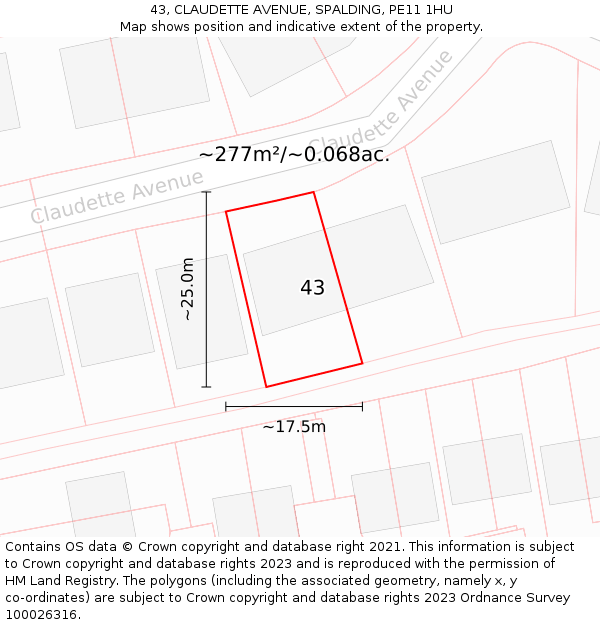 43, CLAUDETTE AVENUE, SPALDING, PE11 1HU: Plot and title map