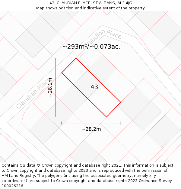 43, CLAUDIAN PLACE, ST ALBANS, AL3 4JG: Plot and title map