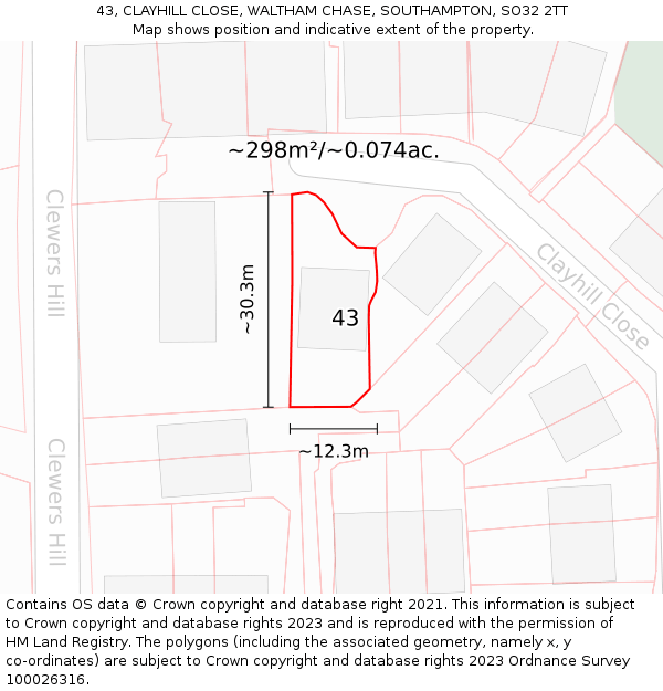 43, CLAYHILL CLOSE, WALTHAM CHASE, SOUTHAMPTON, SO32 2TT: Plot and title map