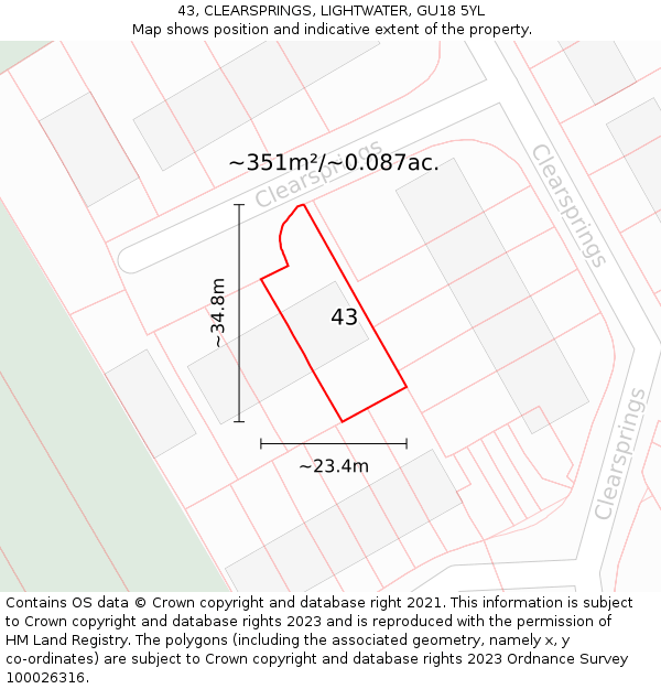 43, CLEARSPRINGS, LIGHTWATER, GU18 5YL: Plot and title map