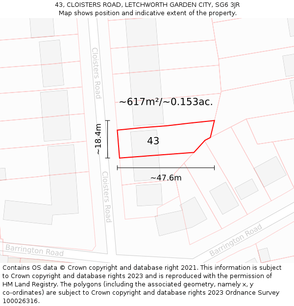 43, CLOISTERS ROAD, LETCHWORTH GARDEN CITY, SG6 3JR: Plot and title map