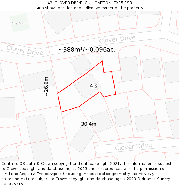 43, CLOVER DRIVE, CULLOMPTON, EX15 1SR: Plot and title map