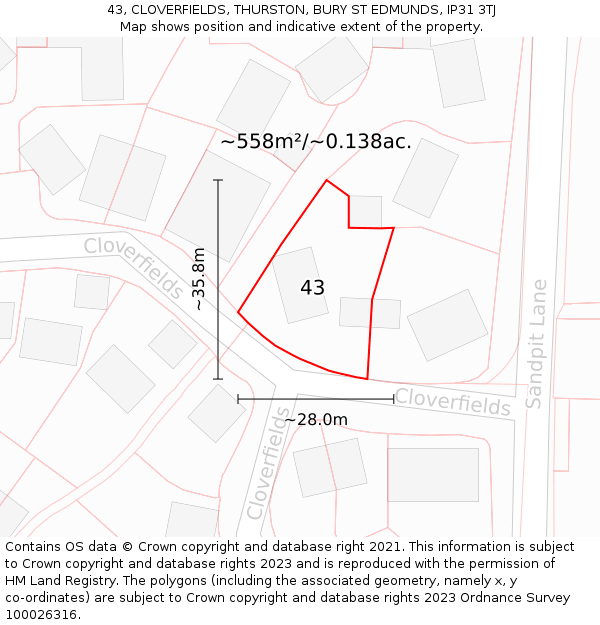 43, CLOVERFIELDS, THURSTON, BURY ST EDMUNDS, IP31 3TJ: Plot and title map