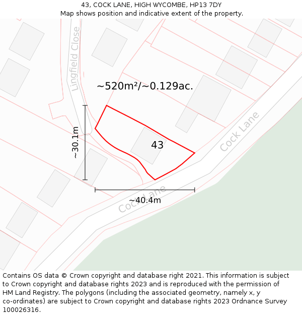 43, COCK LANE, HIGH WYCOMBE, HP13 7DY: Plot and title map