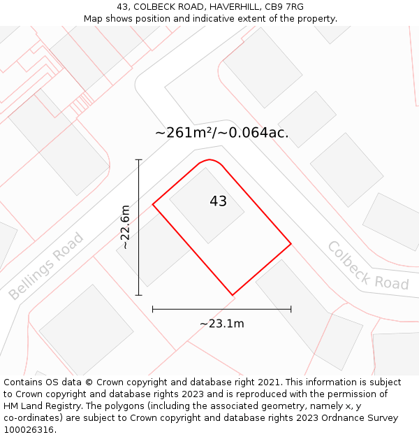 43, COLBECK ROAD, HAVERHILL, CB9 7RG: Plot and title map