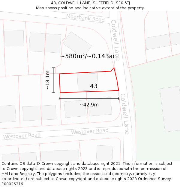 43, COLDWELL LANE, SHEFFIELD, S10 5TJ: Plot and title map