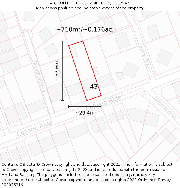 43, COLLEGE RIDE, CAMBERLEY, GU15 4JS: Plot and title map